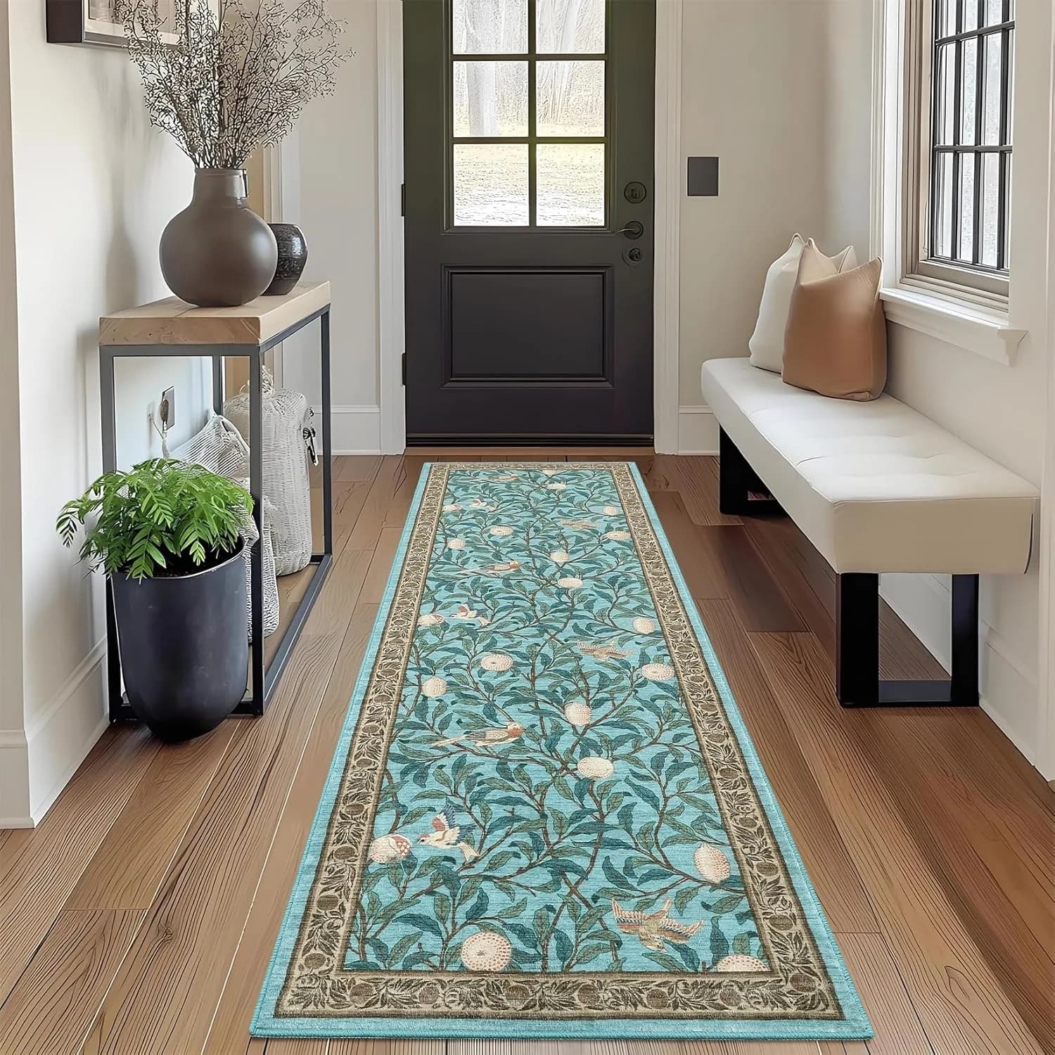 Hallway Carpet Runner Black Floral Non-Slip