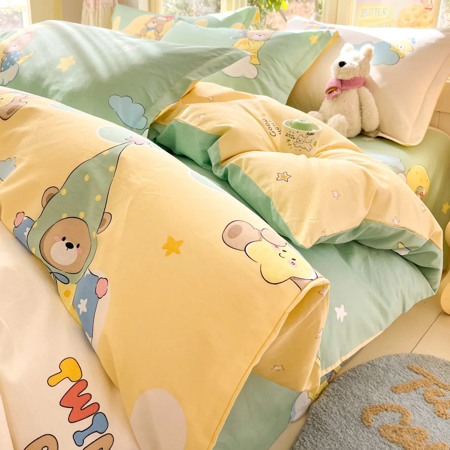 Cartoon Print 100% Cotton Bedding Sets Queen King Floral Duvet Cover Set with Flat Sheets and Pillowcase Single Double Bed Set