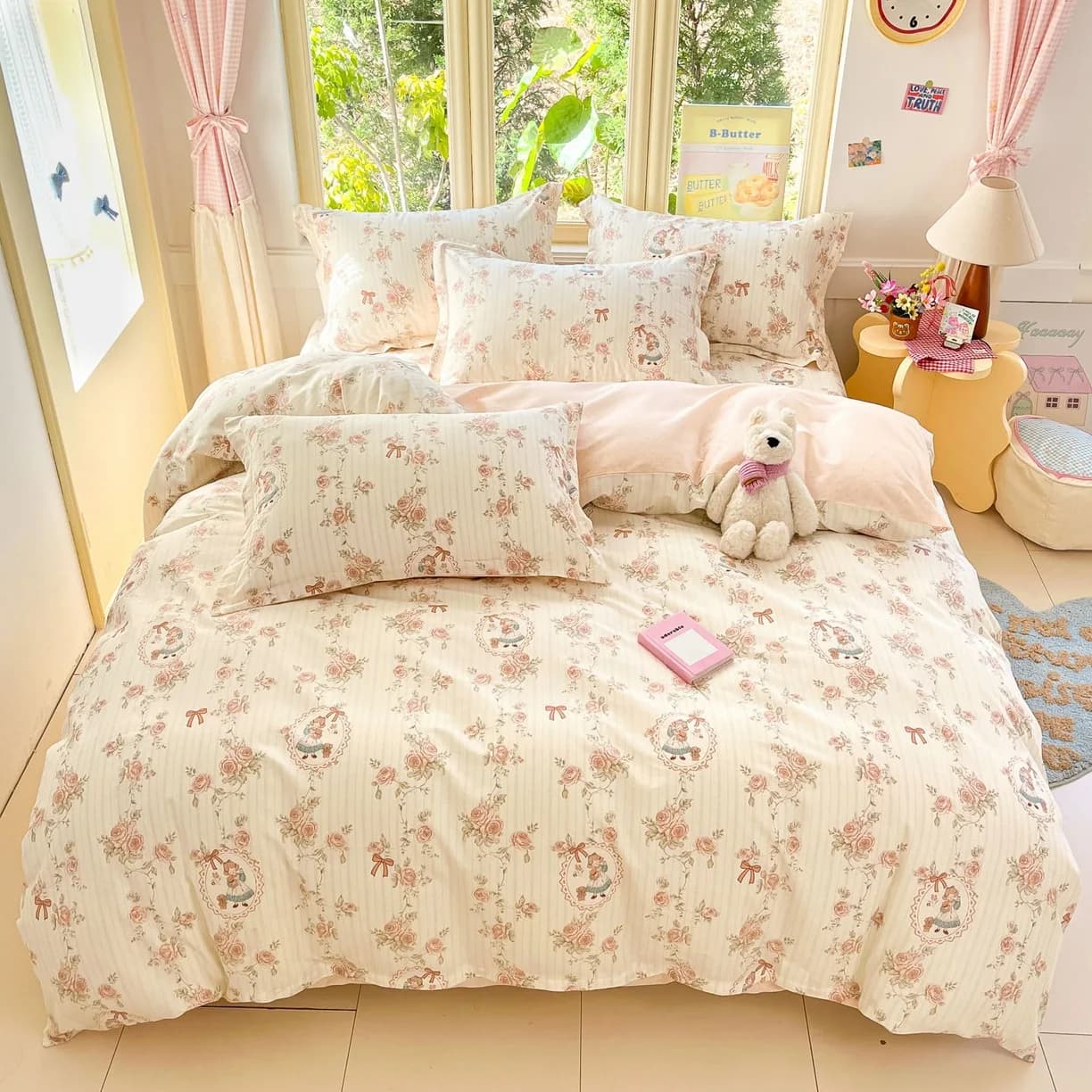 Cartoon Print 100% Cotton Bedding Sets Queen King Floral Duvet Cover Set with Flat Sheets and Pillowcase Single Double Bed Set