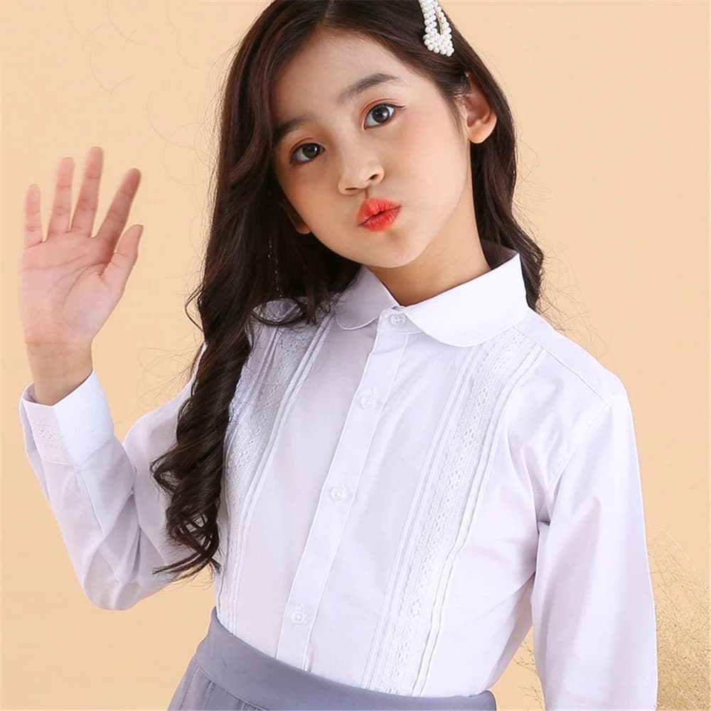 Girls White Long Sleeve School Uniform Cotton Blouse