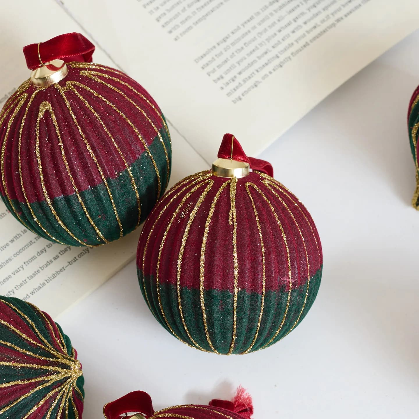 Red and Green Flocked Christmas Ornaments