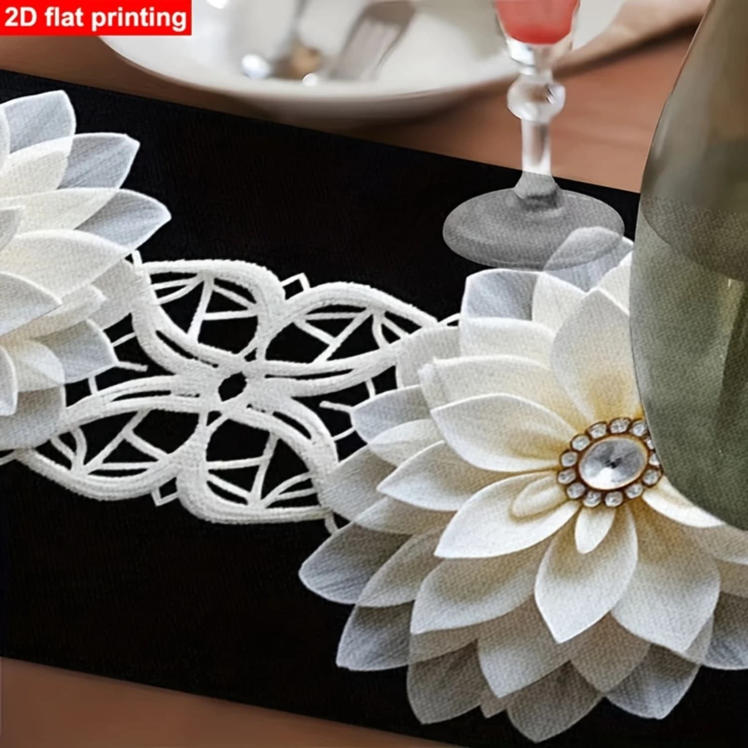 White Floral Linen Table Runner