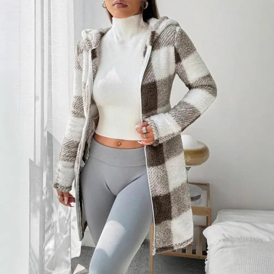 Women's Plaid Hooded Zip Cardigan Coat