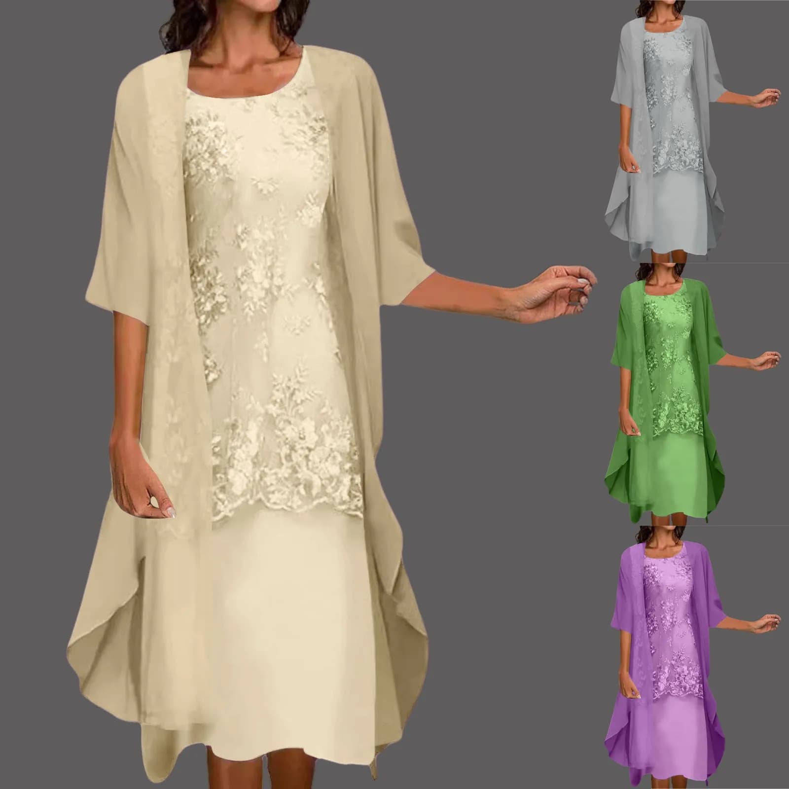 Women's Embroidered A-Line Dress with Chiffon Cardigan