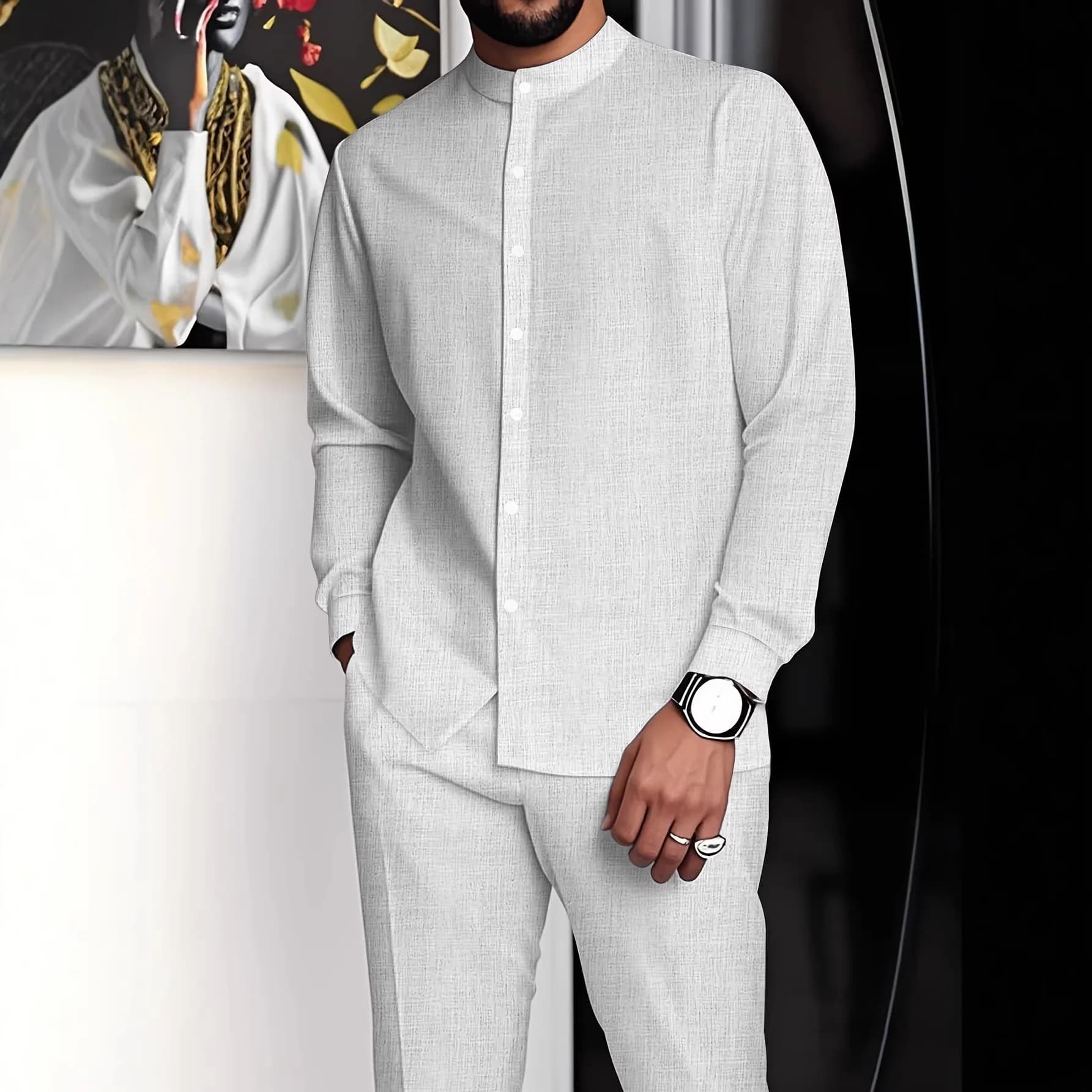Ethnic Stand Collar Shirt and Pants Set