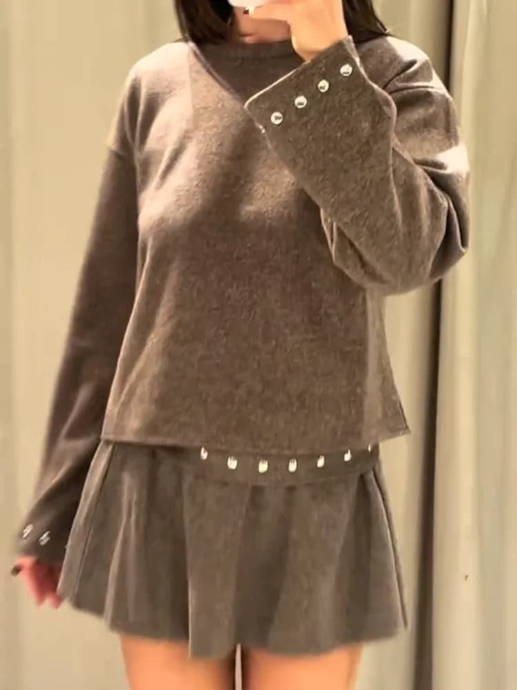 Knitted Sweater and Pleated Skirt Set