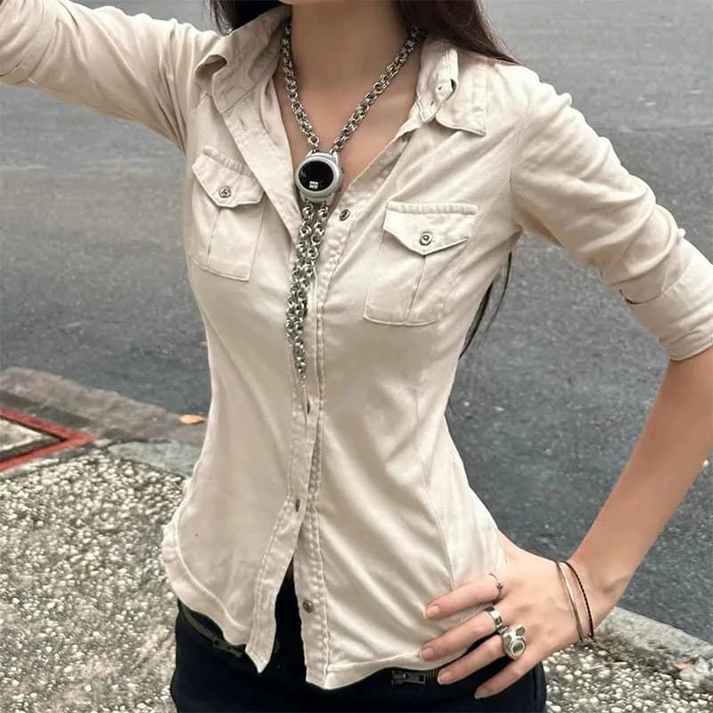 Half-Sleeve Button-Up Blouse Y2K