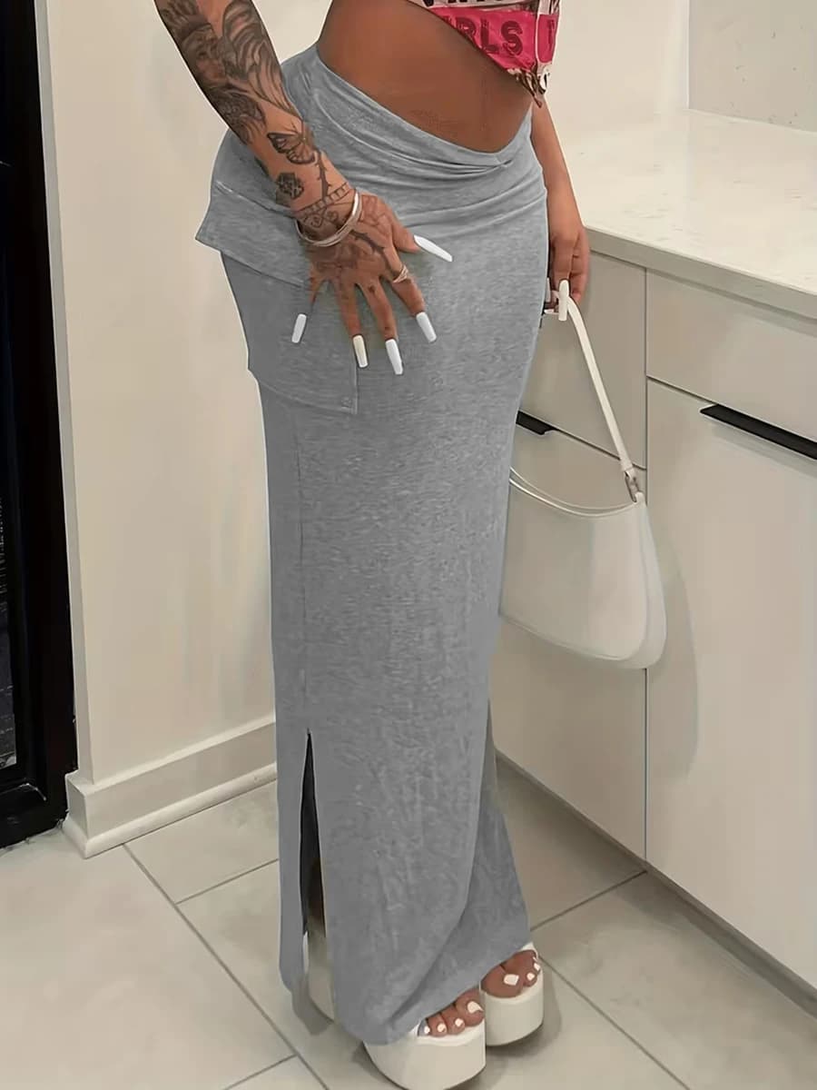 High Waist Knitted Cargo Maxi Skirt