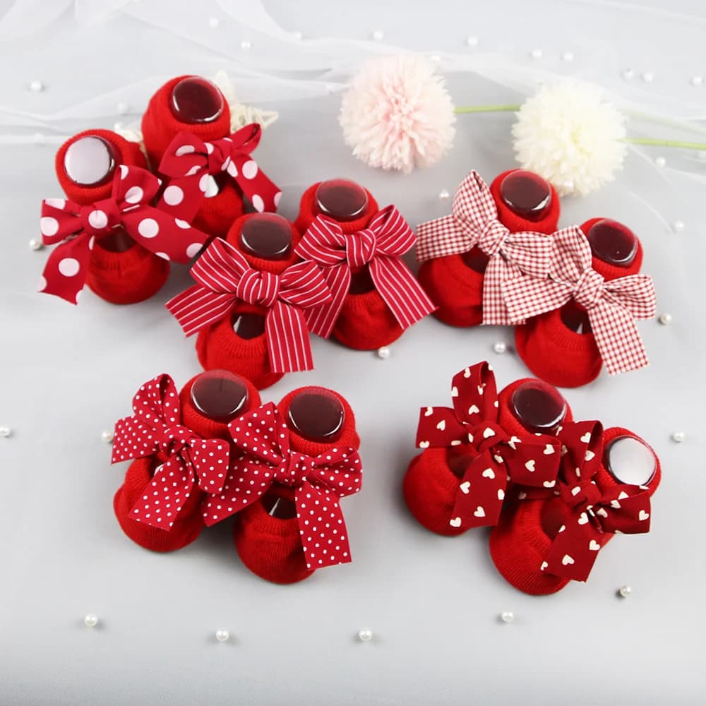 Baby Girl Bow Boat Socks Red Cotton