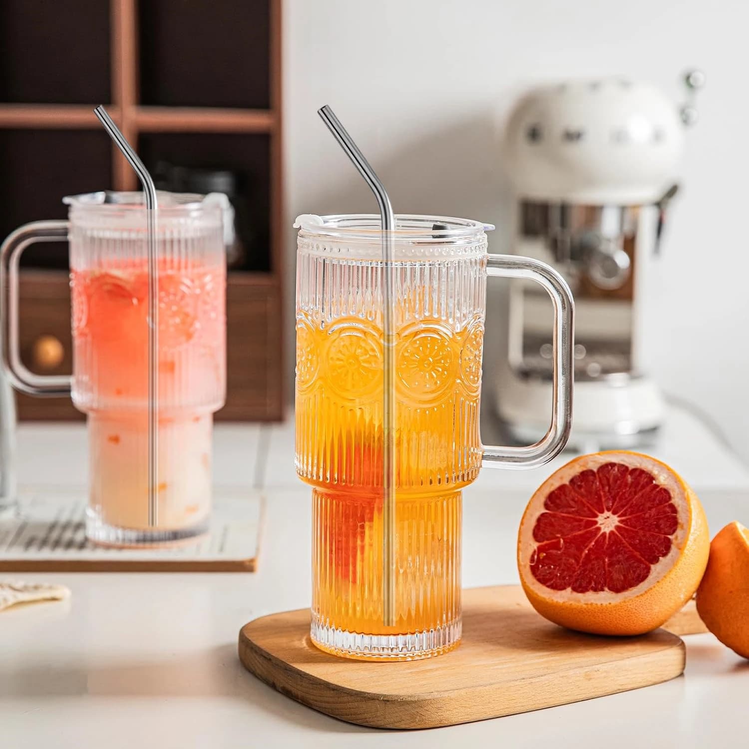 500 ML Ribbed Glass Tumblers with Lids and Straws