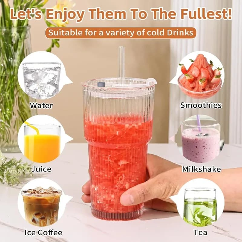 Striped Glass Coffee Cup with Lid and Straw