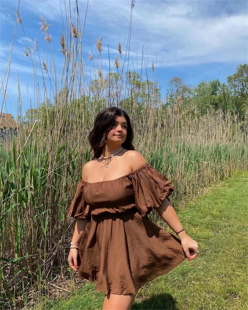 Women's Off-Shoulder Puff Sleeve Summer Tunic Dress