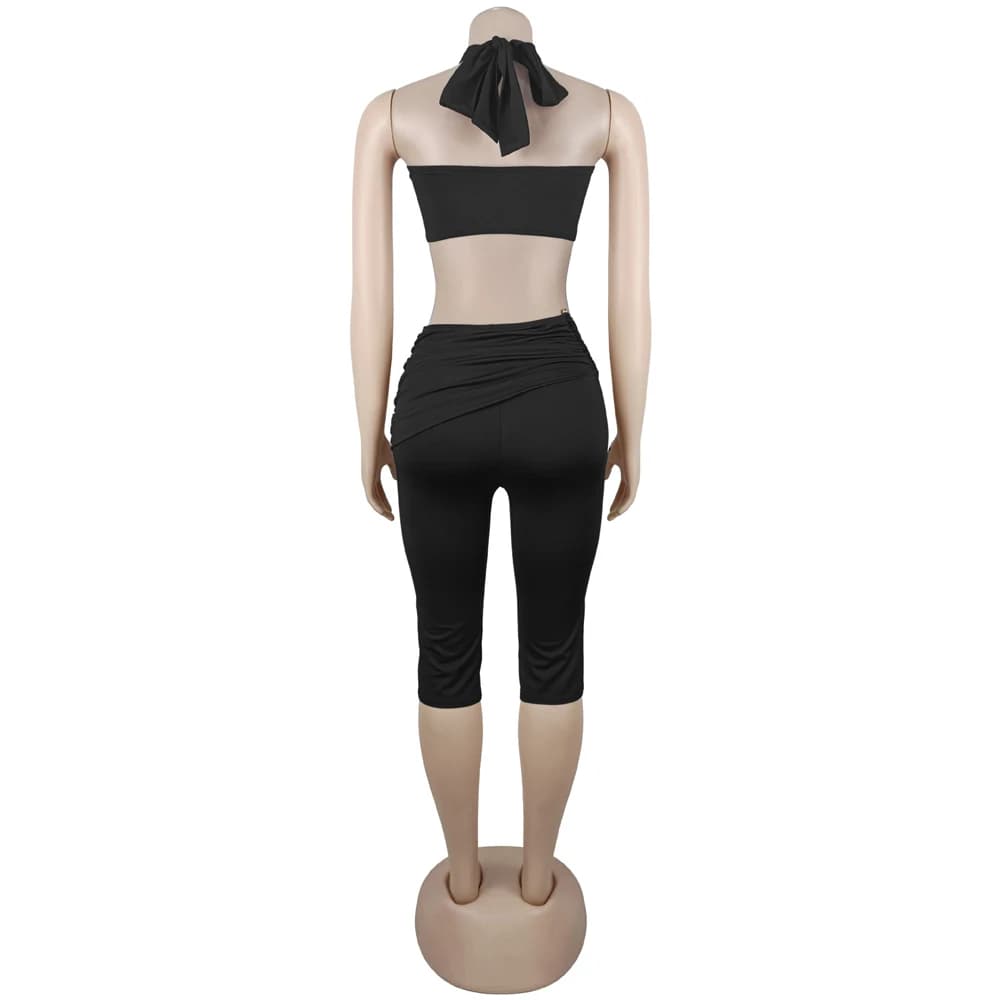 Cross Neck Crop Top and Capri Legging Set