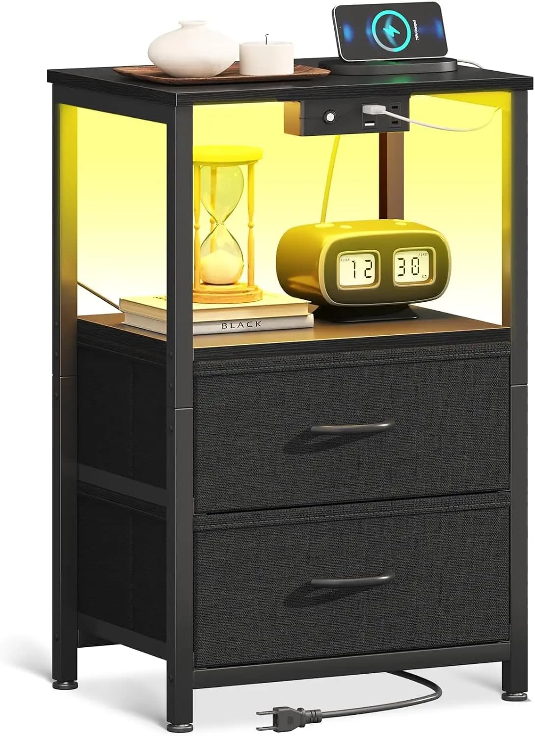 Night Stand with Charging Station and LED Lights End Table for Bedroom with 2 Fabric Drawers Storage Shelf Bedside Table Black