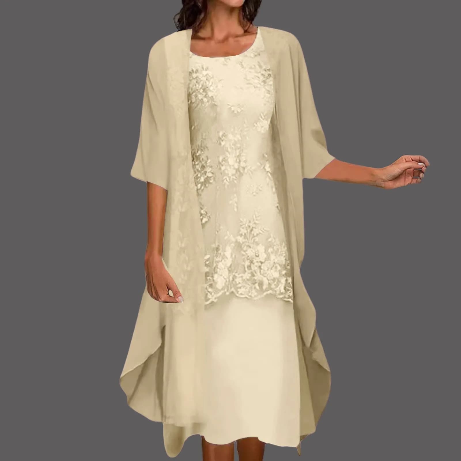 Women's Embroidered A-Line Dress with Chiffon Cardigan