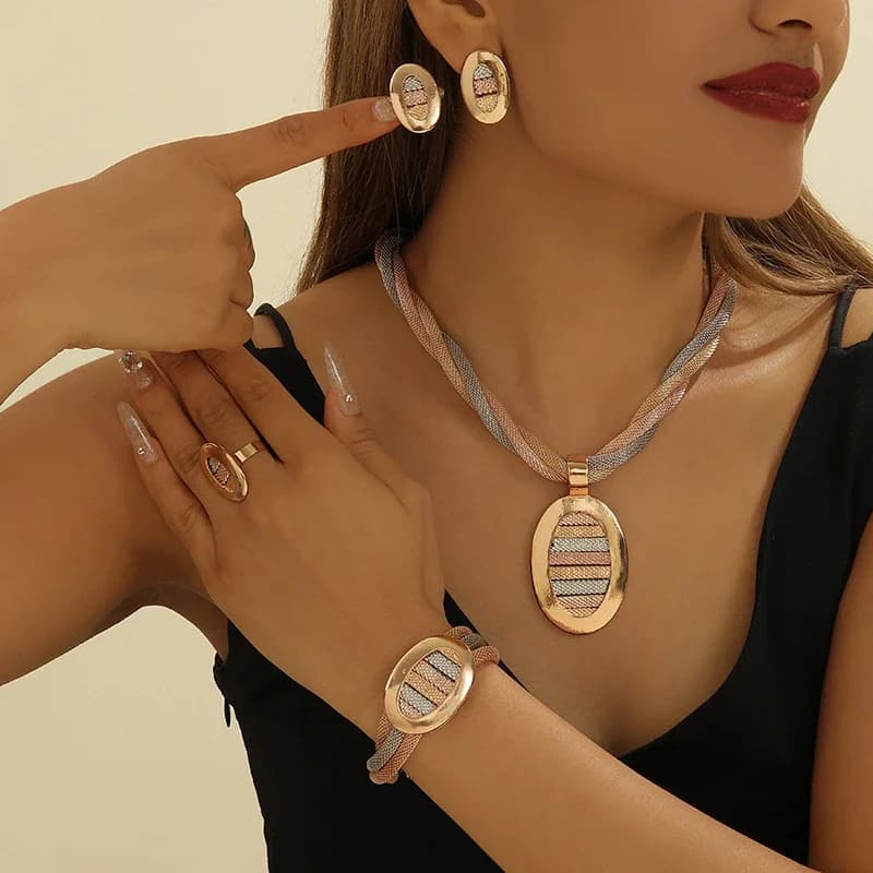 Gold Jewelry Set Ladies Necklace Bridal Wedding Luxury Jewelry Bracelet Earrings Ring