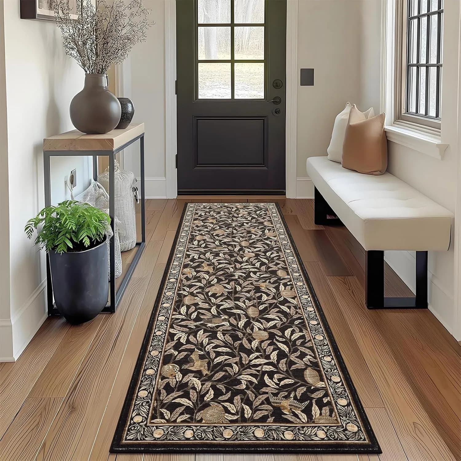 Hallway Carpet Runner Black Floral Non-Slip