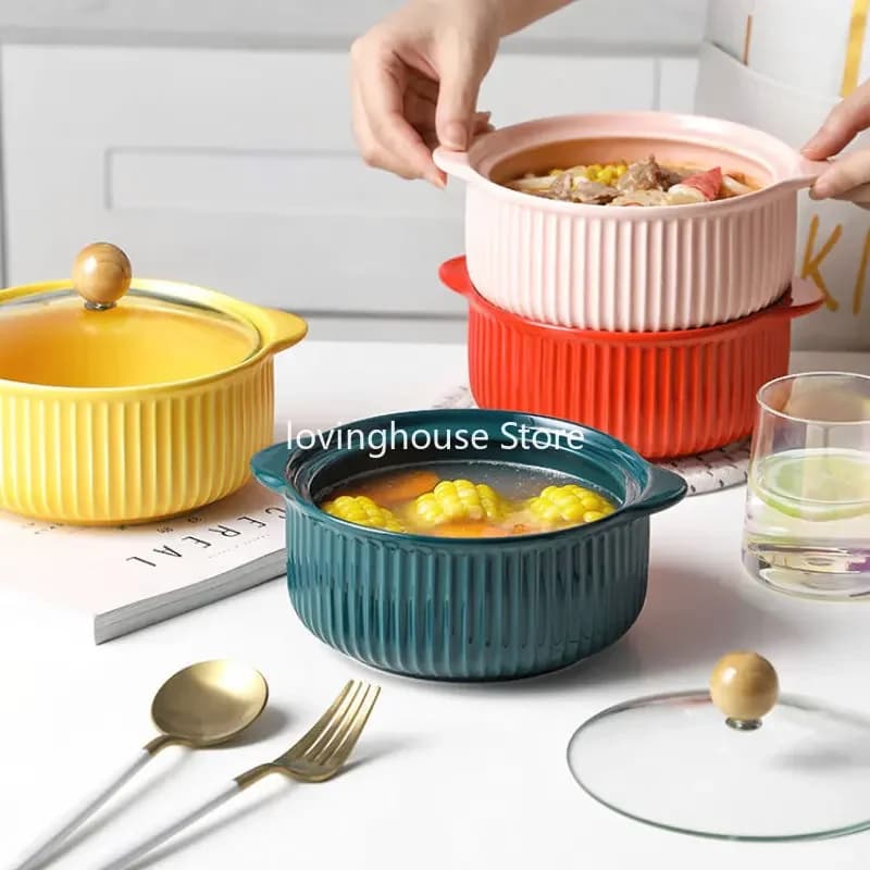 Ceramic Bowl with Glass Lid Stockpot