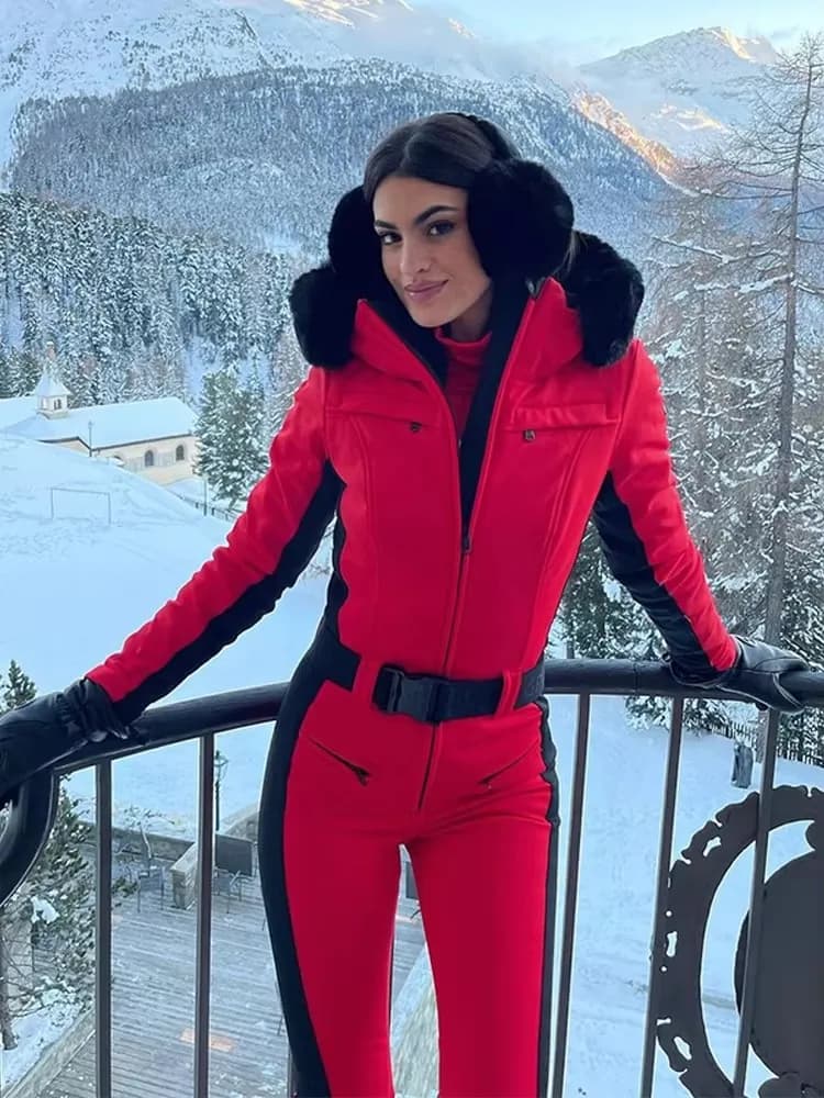 Women's Hooded Ski Suit with High-Waist Pants