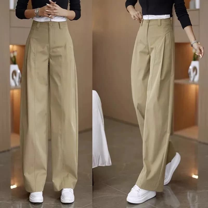 Women's High Waist Khaki Straight Leg Trousers