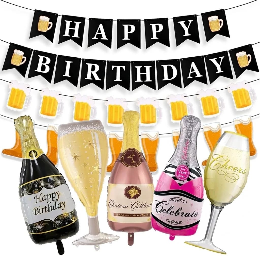 Adult Birthday Party Decor Large Champagne Foil Balloons Beer Mug Helium Globos for Men Women Black Gold Happy Birthday Banner