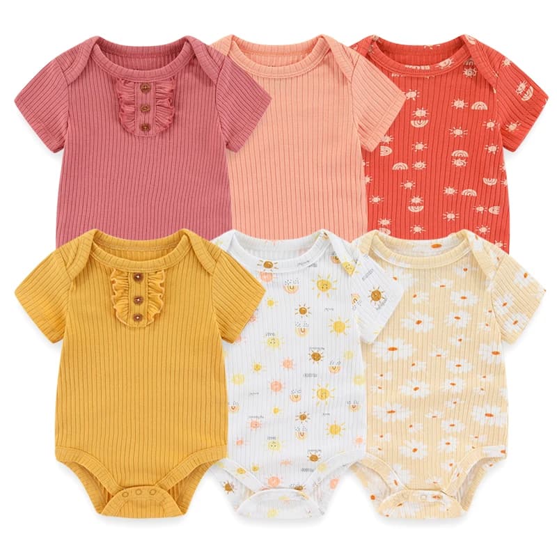 Newborn Bodysuits Cotton Cartoon Baby Girl Clothes Set 6Pieces Short Sleeve Baby Boy Clothes Summer Solid Color Bebes
