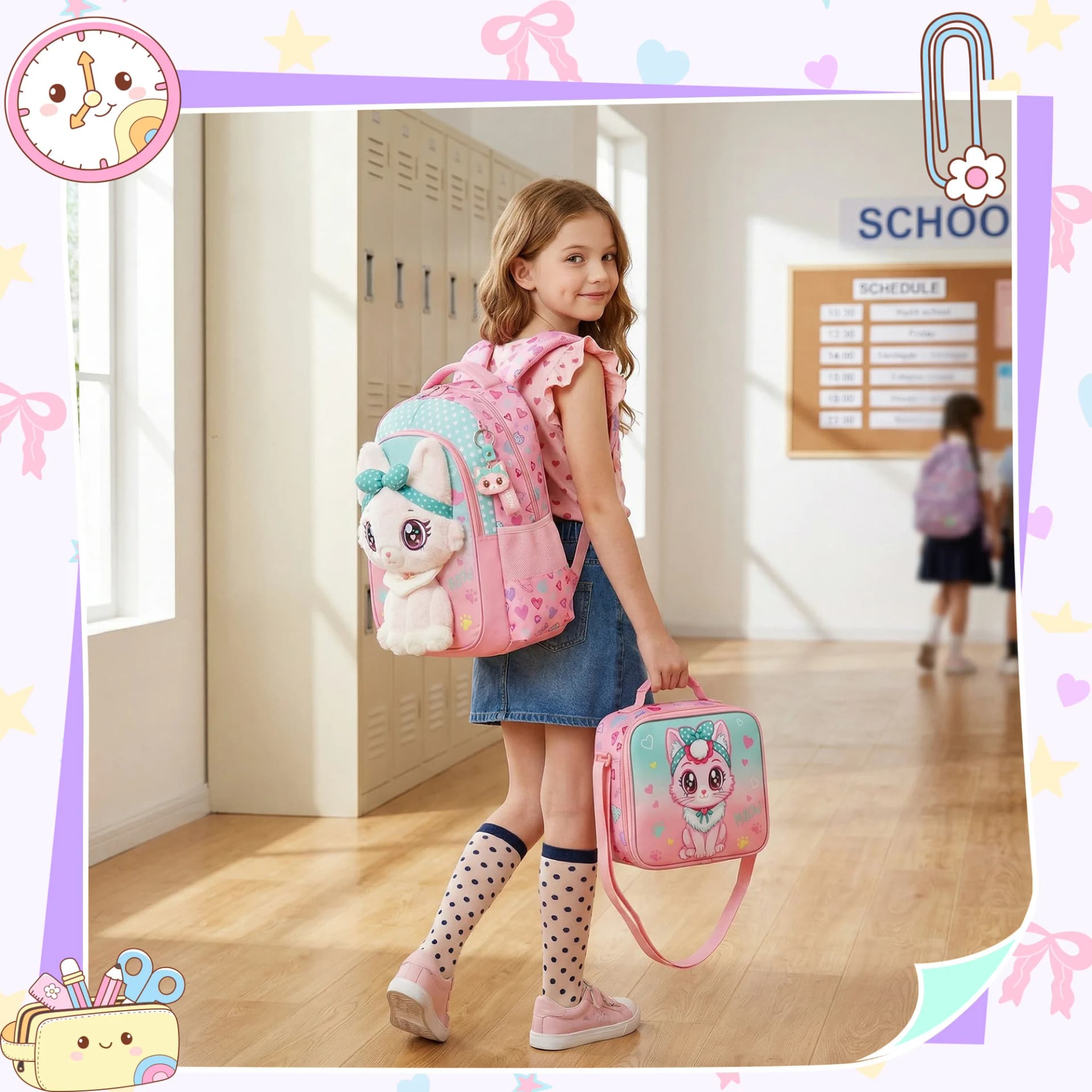 Girls School Backpack with Lunch Bag and Pencil Case