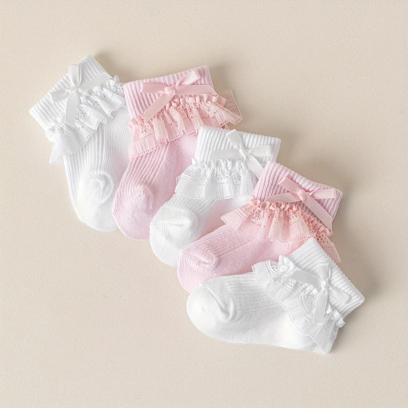Baby Girls' Ruffle Lace Ankle Socks with Bow, 5-Pack