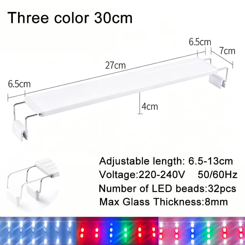 Aquarium LED Fish Tank Light, 3 Color Full Spectrum Adjustable Water Plant Lamp, Telescopic Clip-On Light for 18-75cm Aquariums