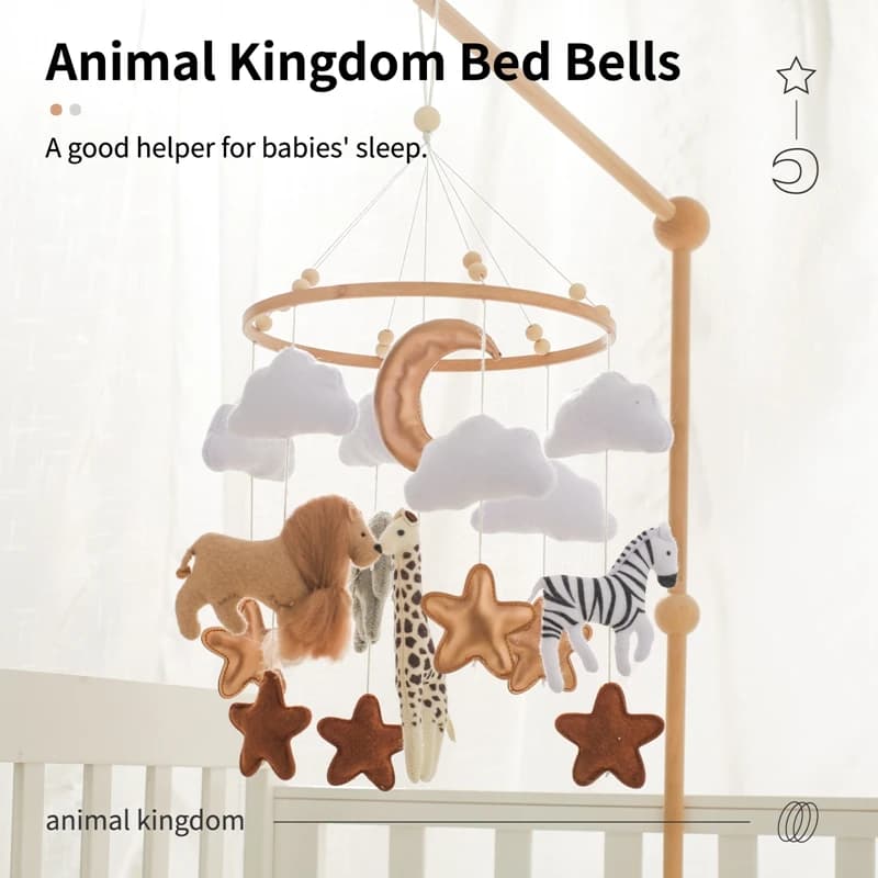 Wooden Crib Mobile with Music Box and Soft Felt Animals