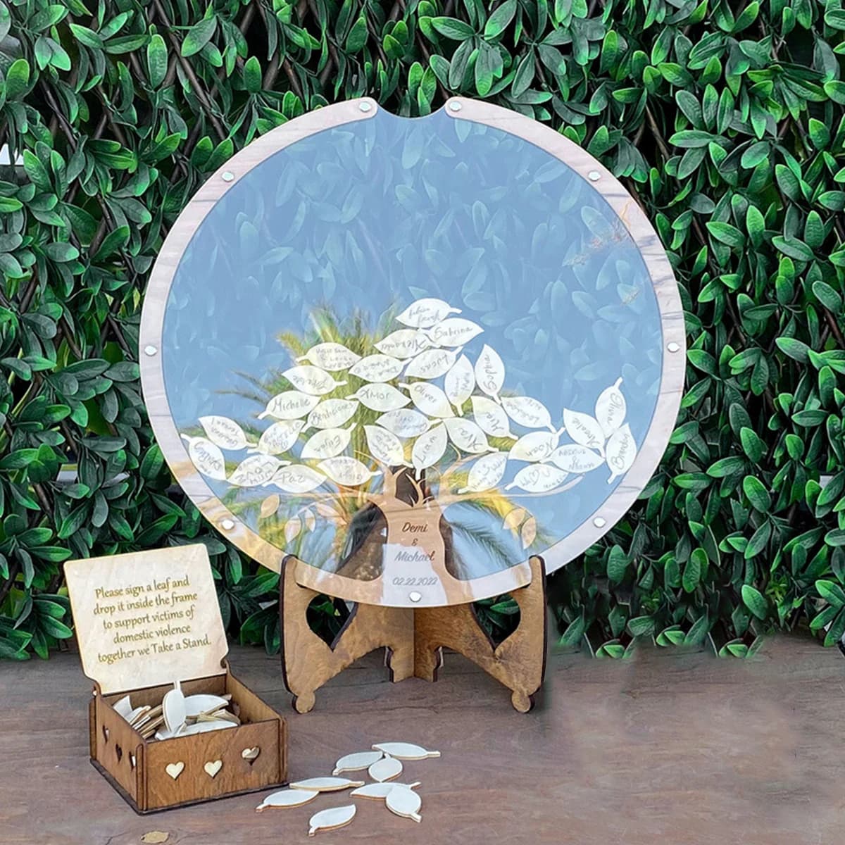 Wooden Round Guest Book Drop Box with Leaves