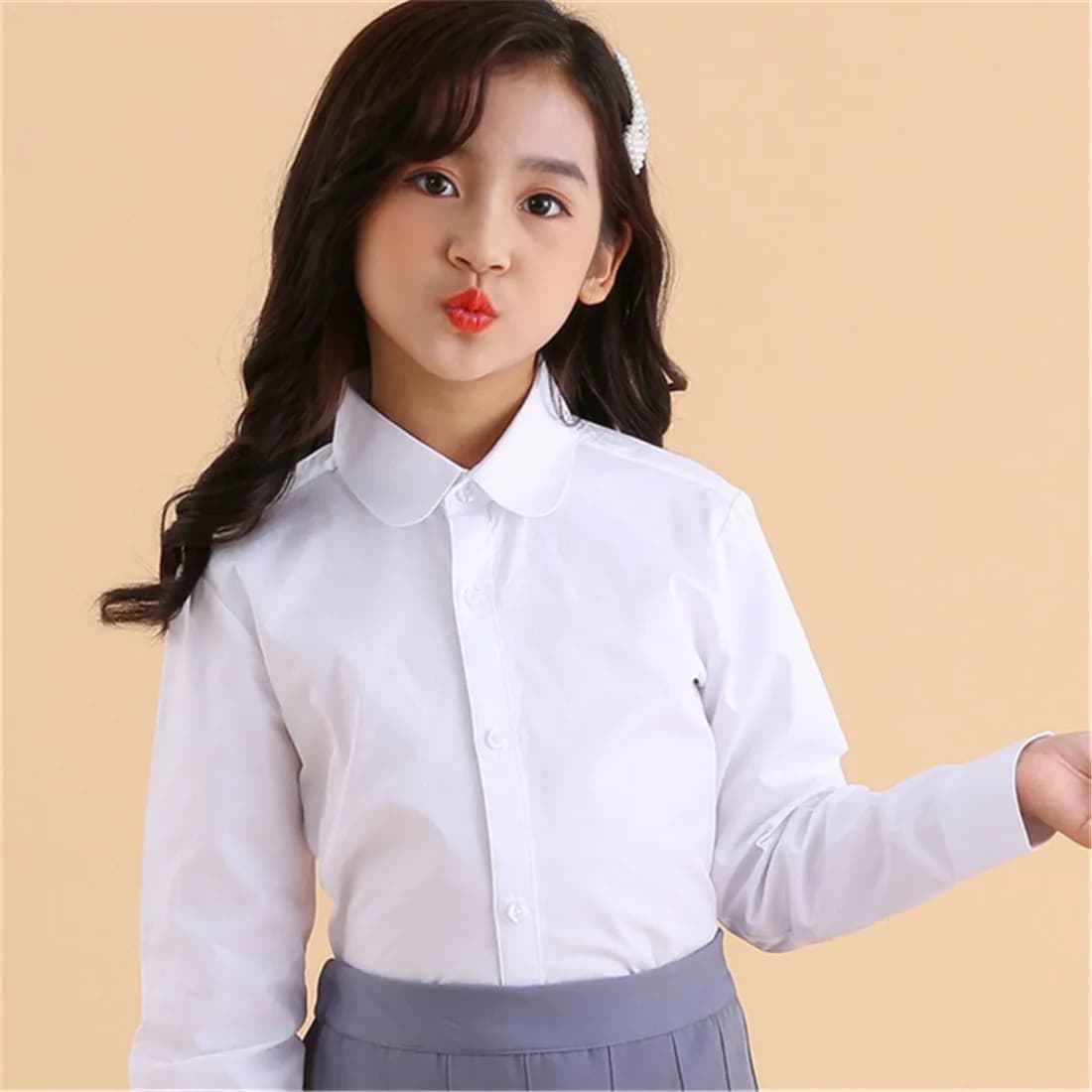 Girls White Long Sleeve School Uniform Cotton Blouse