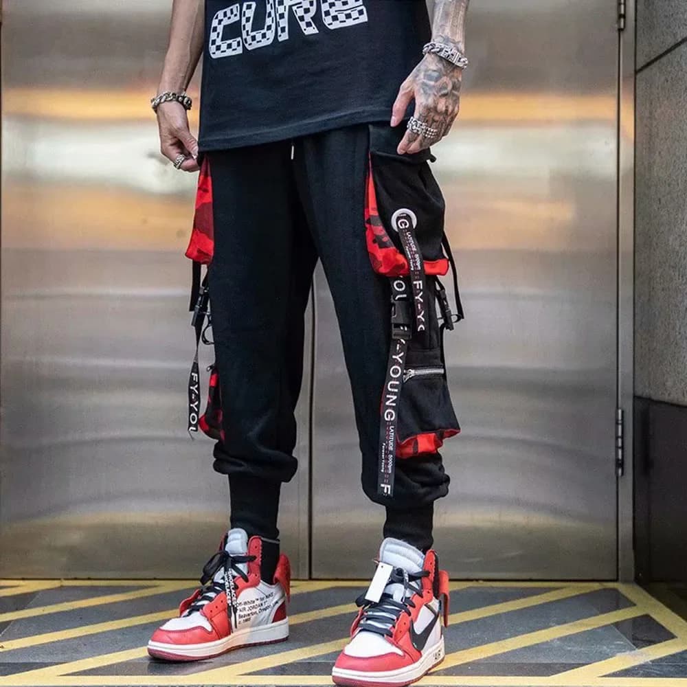 Men's Cargo Jogger Pants with Ribbons