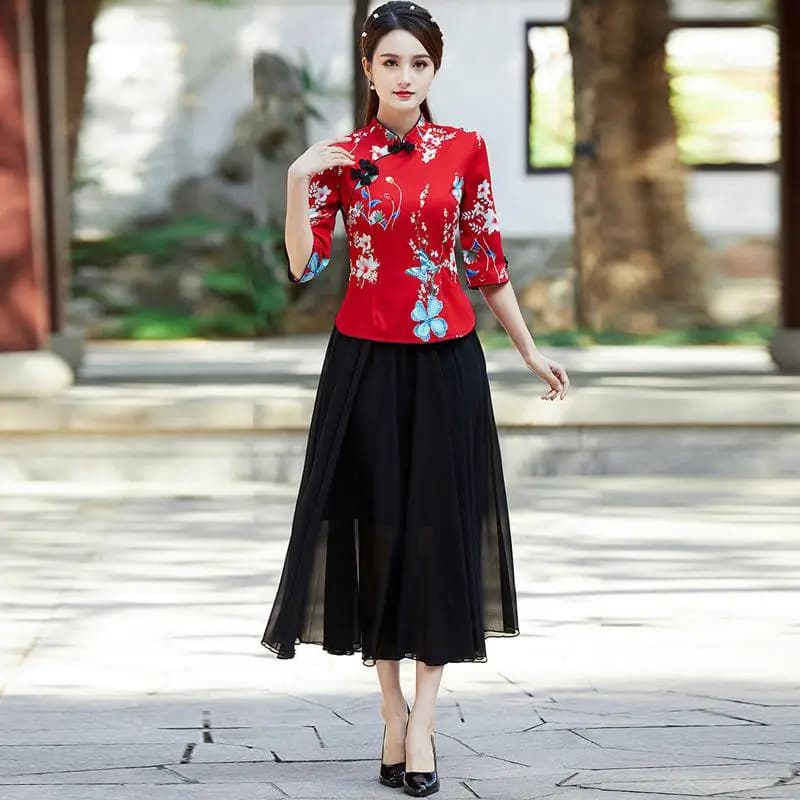 Embroidered Qipao Cheongsam Top with Pants Set