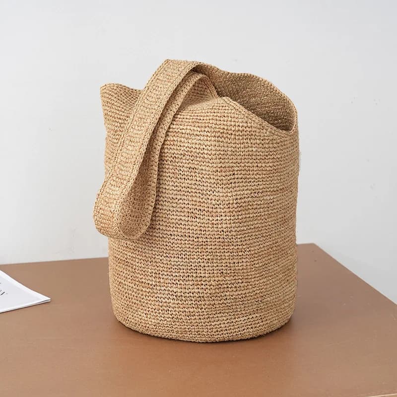 Handwoven Straw Bucket Bag Women Boho Style Large Capacity Shoulder Tote Summer Beach Vacation Handbag Casual Daily Commuter Bag