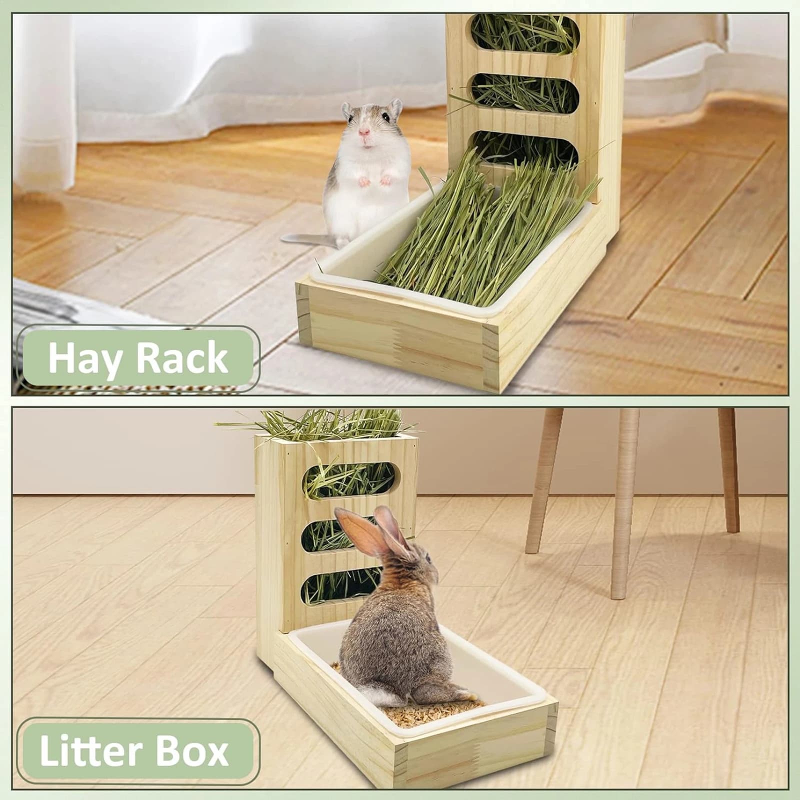 Wooden Hay Feeder with Litter Box for Small Animals