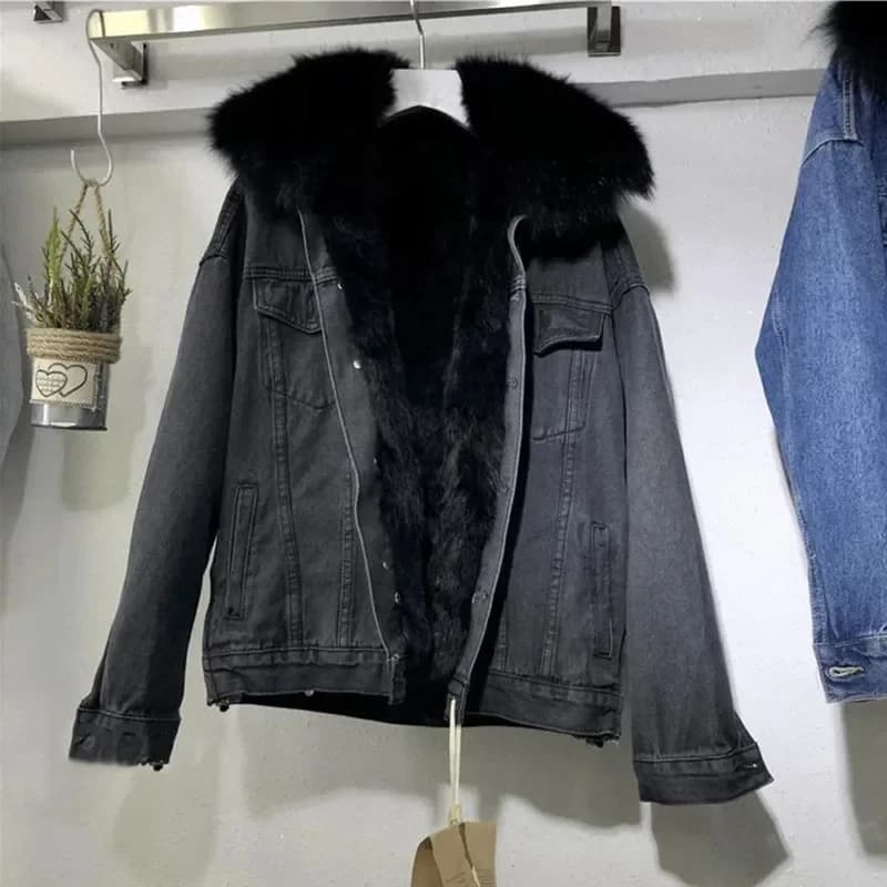 Women's Winter Denim Jacket with Fur Collar