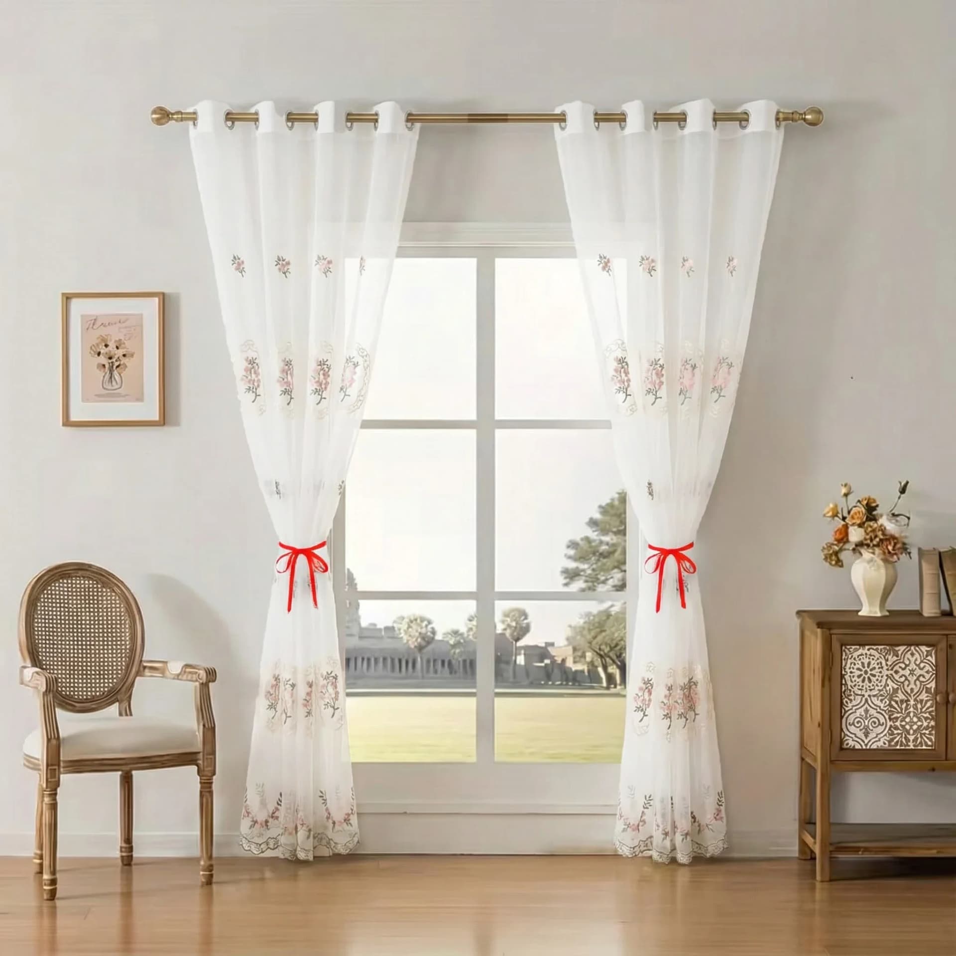 Floral Embroidery Sheer Curtain Panel