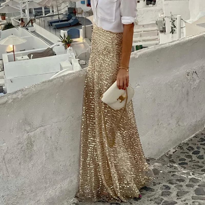 Sequined Floor-Length Casual Skirt