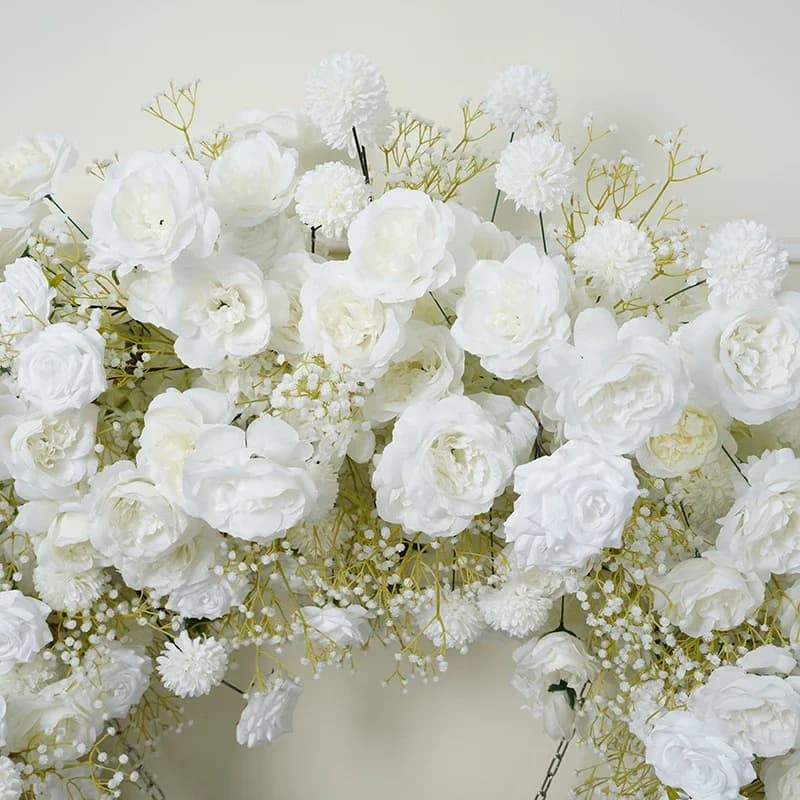 Wedding Backdrop Decor Ceiling Hanging Metal Round Hoop Frame, White Baby Breath, Rose Pompom, Floral Arrangement, Event Flower