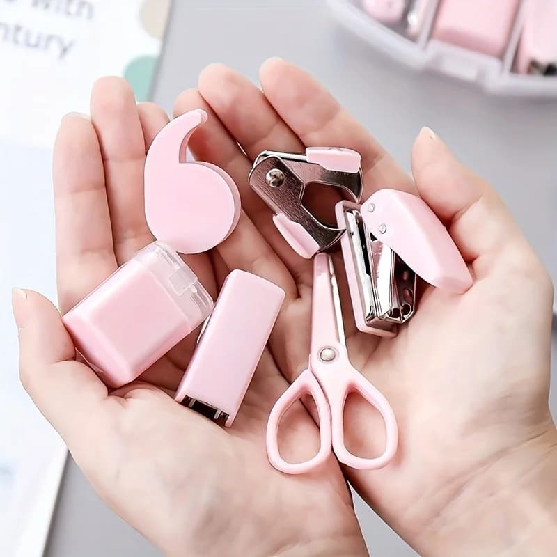 8 PCS Mini Office Supplies Set with Portable Case - Including Scissors Tape Box Pencil Case Puncher and Staples
