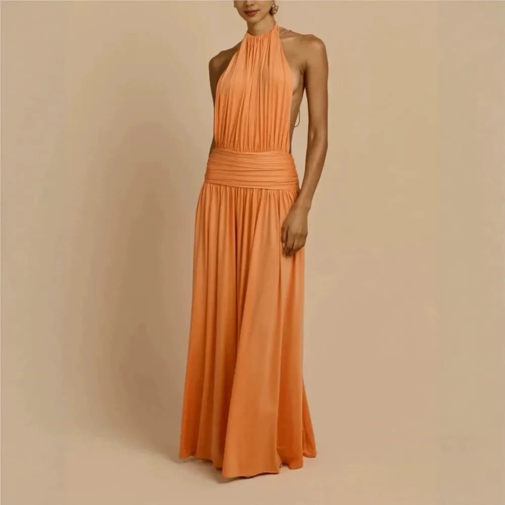 Elegant Halter Pleated Neck Evening Dress