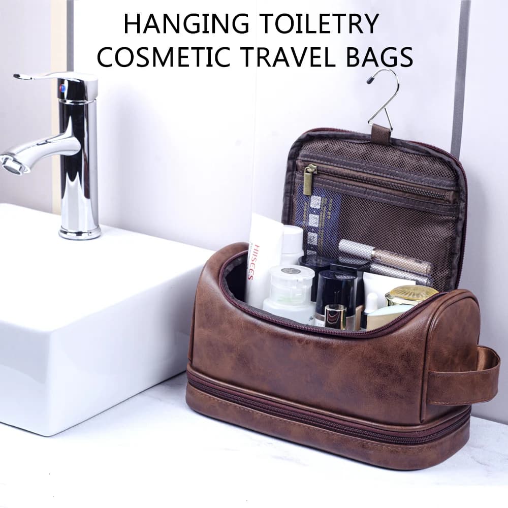 Toiletry Bag, Mens Leather Travel Organizer Kit with Hanging Hook, Large Water-resistant Toiletries Bathroom Shaving Bags