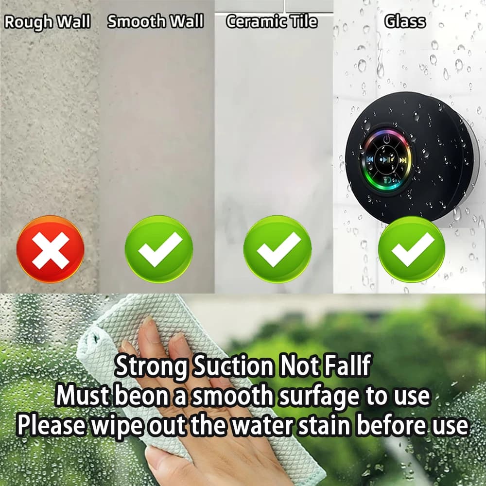Bluetooth Speaker Portable Wireless Mini LED Speaker With Mic Suction Cup IPX4 Waterproof Resistant For Travel Outdoor Bathroom