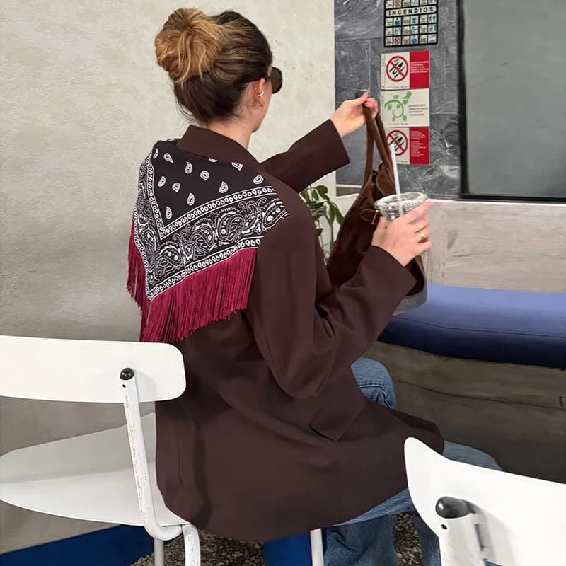 Women's Bandana Print Blazer with Fringe Shawl Back