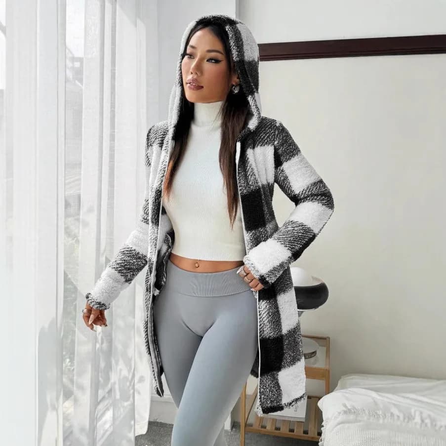 Women's Plaid Hooded Zip Cardigan Coat