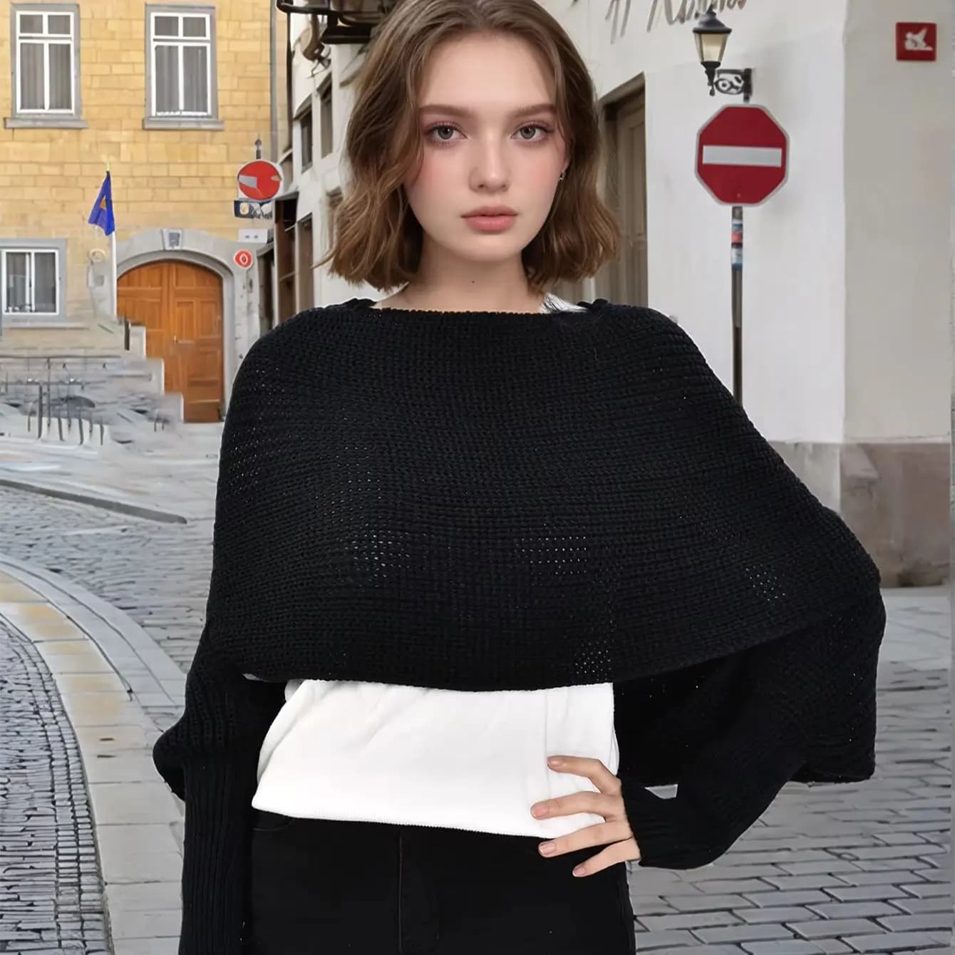 Knitted Shawl Wrap with Sleeves