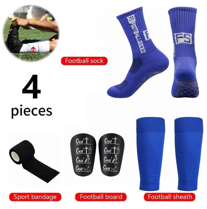 4 Pieces Soccer Football Gear Set Anti-Slip Socks Shin Guards Sports Bandage & Calf Sleeves for Men Women Training