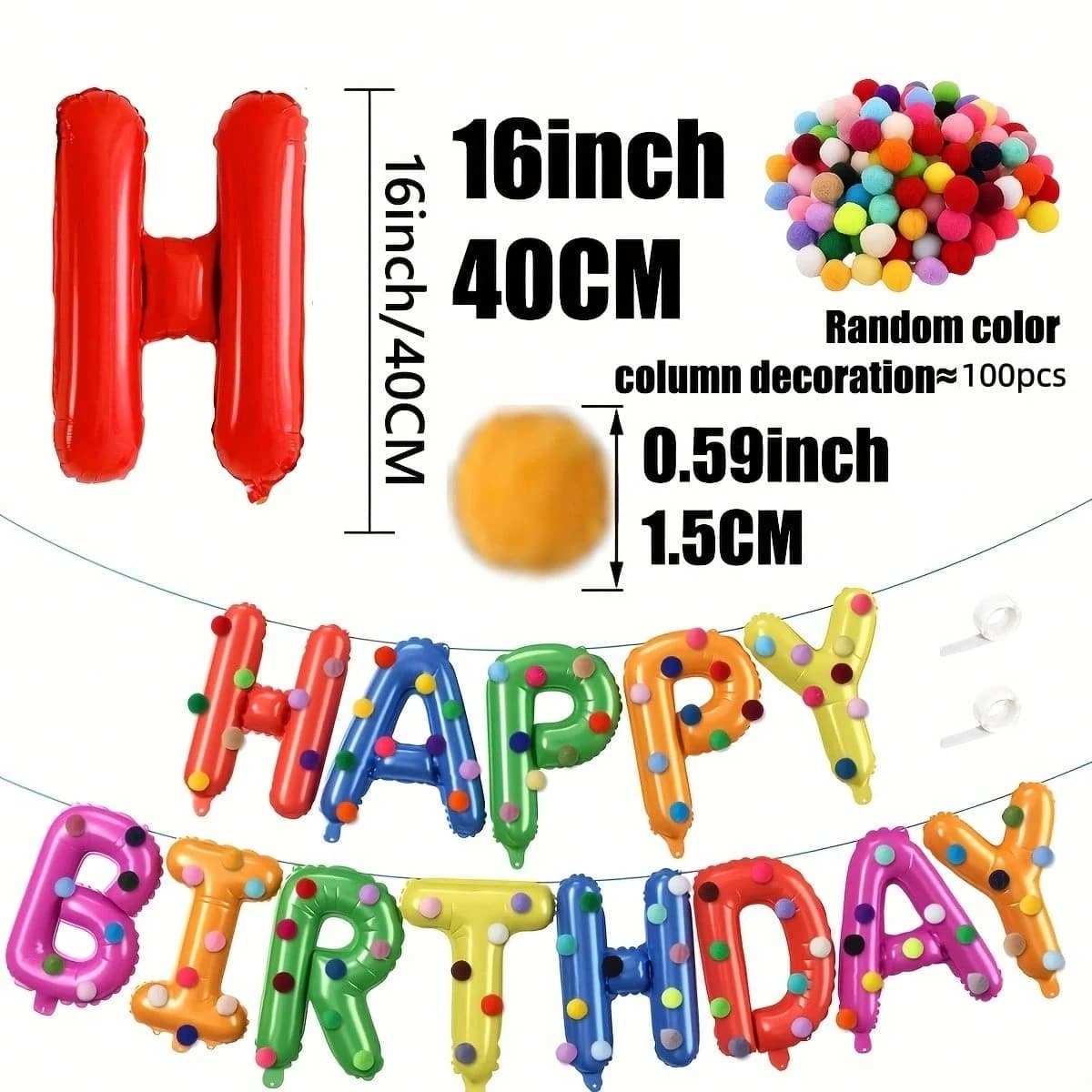 Birthday Party Decoration Set, Rainbow Balloons, Felt Ball Mix, Premium Foil Pull-Up Banner, Happy Birthday Wall Decoration