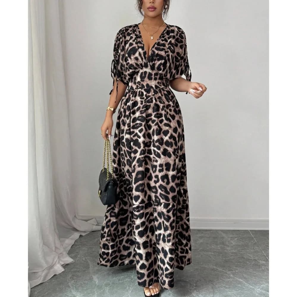 Leopard Print Maxi Dress with Drawstring Waist